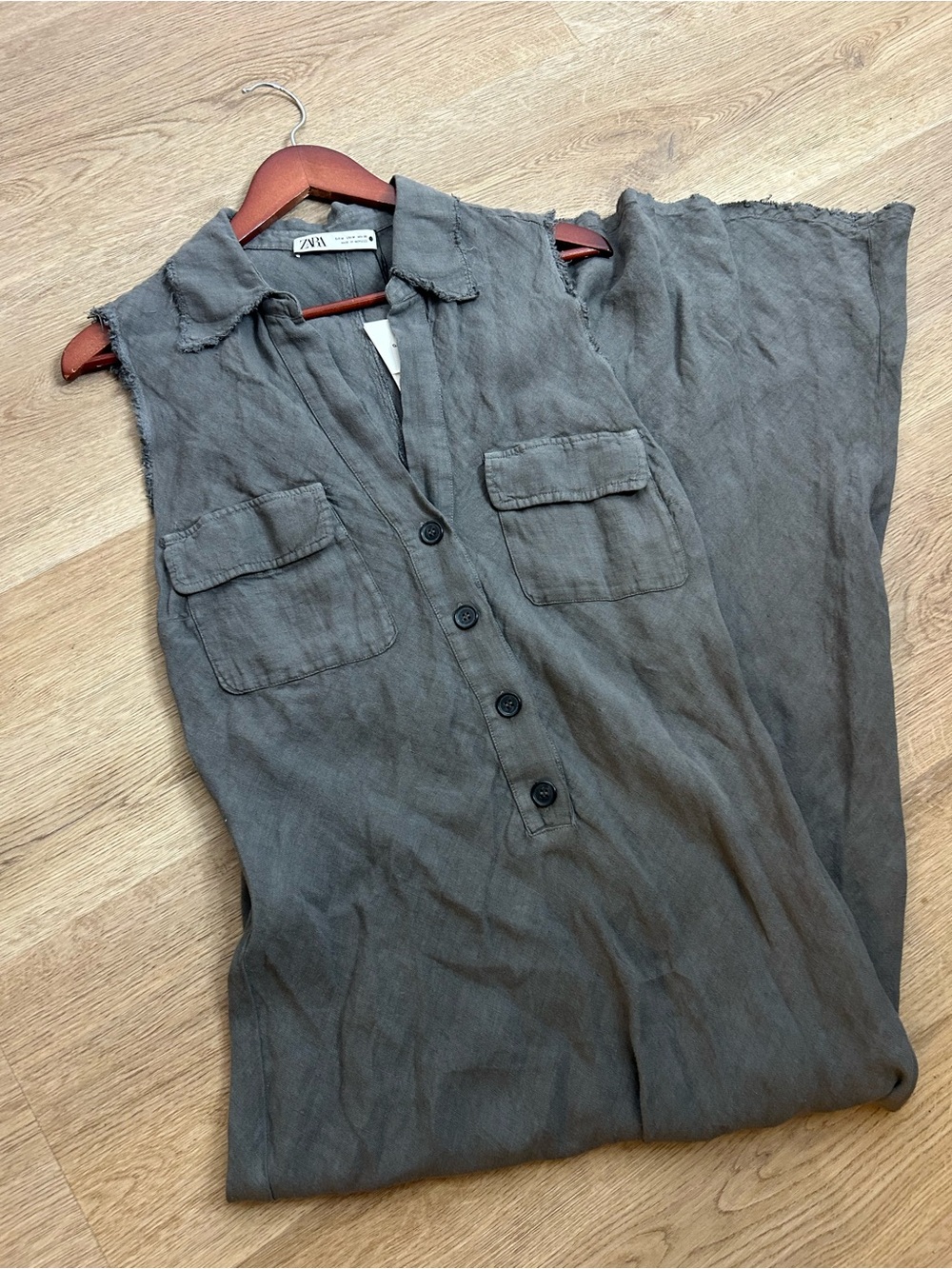 NWT Zara 100% Linen Charcoal Gray Button Down Raw Hem Tank Collared Maxi Dress